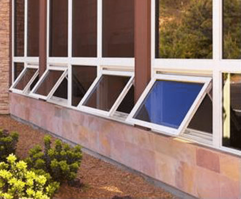 Rectangle awning type windows with white trim, hinged at the top