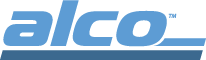 Blue alco logotype in bold italic lettering