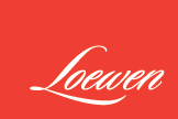 Logo for Loewen windows. Red rectangle with white script lettering.