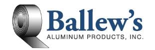 Blue Ballew's Aluminum Products, Inc logotype with a roll of metal symbol