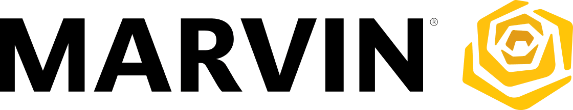 Logo for Marvin windows. Black type with yellow abstract flower.