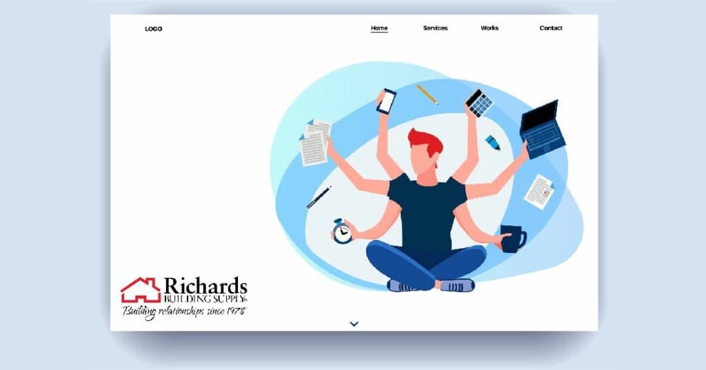 Illustration of a person sitting on the floor juggling multiple items including paper, pencil, computer and a phone