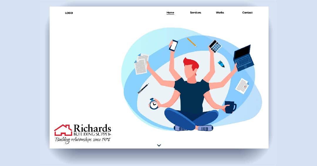 Illustration of a person sitting on the floor juggling multiple items including paper, pencil, computer and a phone