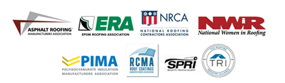 A group of seven logos, Asphalt Roofing Manufacturers Association, ERA EDPM Roofing Association, NRCA National Roofing Contractors Association, NWR National Women in Roofing, PIMA, RCMA SPRI and TRI