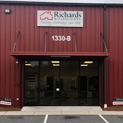 Richards Building Supply in Winston-Salem, NC. Single story red metal building.