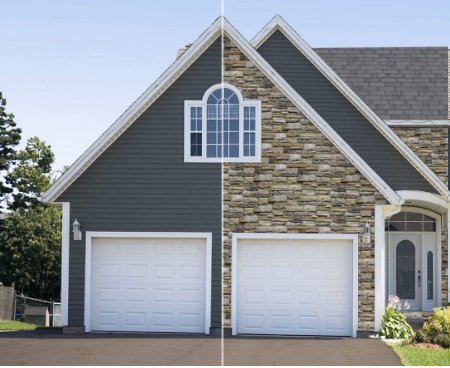 This photo shows the front of a garage using our siding and roofing visualizer tool. Left sided is paneling, the right side is stone.