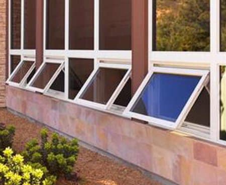 Awning windows. 4 of the bottom section of the windows are open.