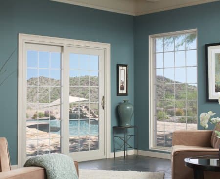 Interior photo of a multi-slide patio glass door. Similar to a large window.