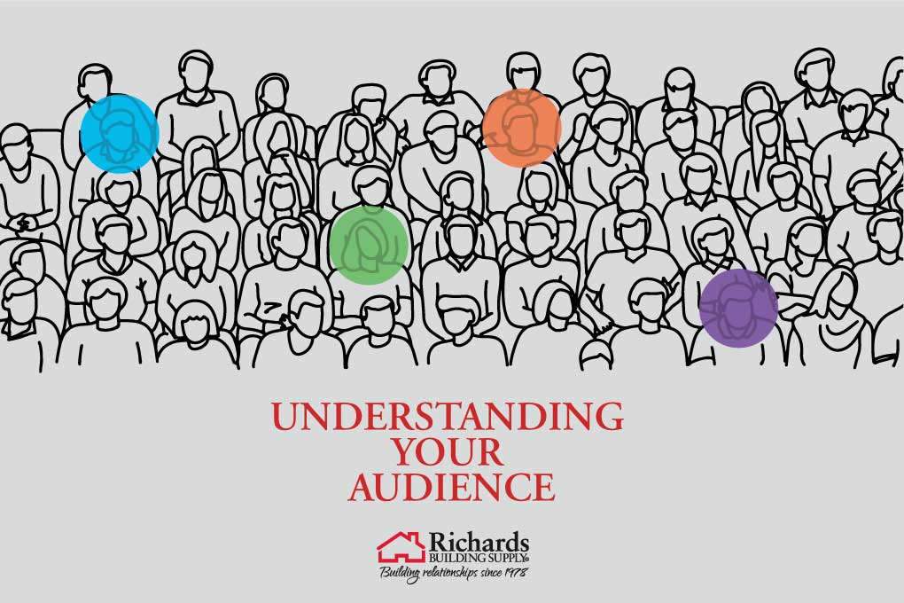 Line drawing of a large group of people with transparent colored circles over 4 of them. Understanding Your Audience