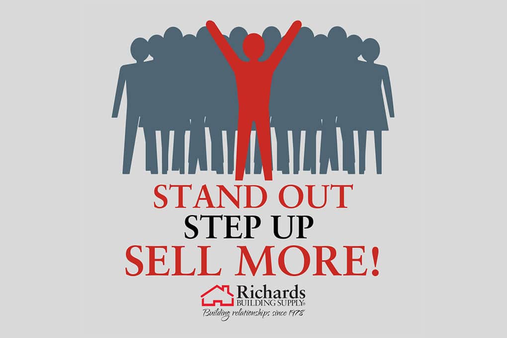 Illustration of a group of people in gray with one in front in red. Stand Out, Step Up, Sell More!