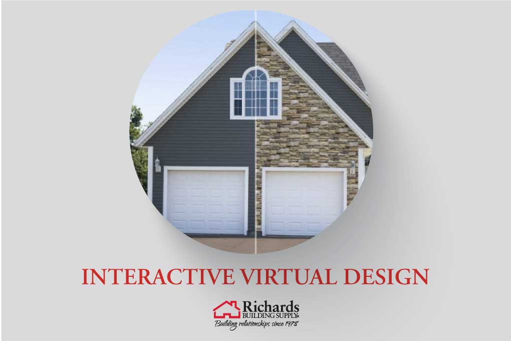 A front of a house/garage that shows what the virtual designer is being applied. Left have is traditional siding, right side stone.