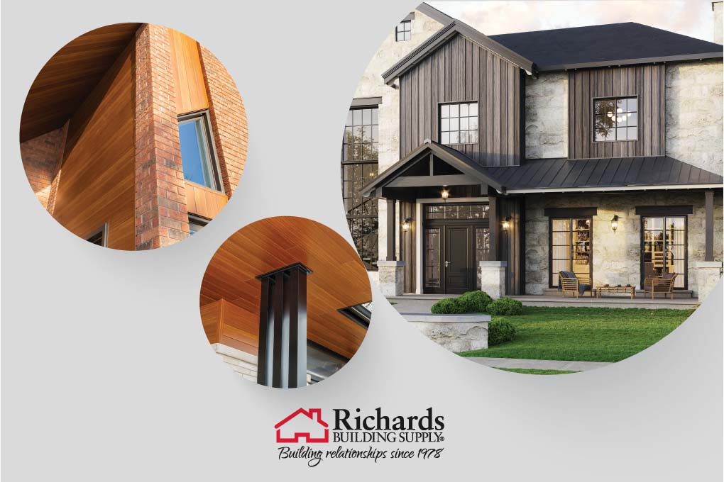 3 views of 2 different homes using Cedar Renditions premium siding. v