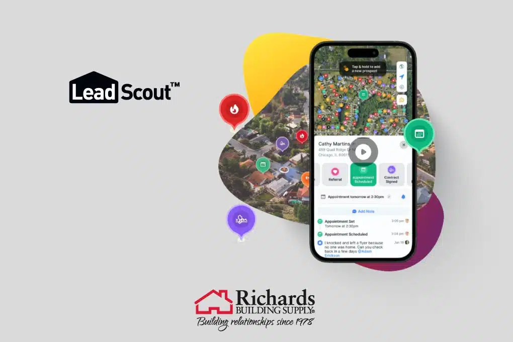 LeadScout logo, iPhone app with a view of a neighborhood from above