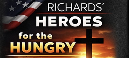 Richards' Heroes for the Hungry, American flag, sunrise, and a cross