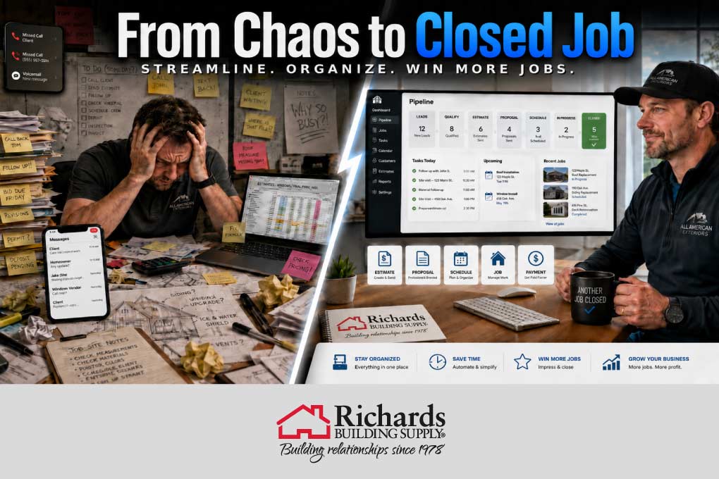 Frustrated-looking contractor on the left with a messy desk, happy organized contractor on the right after using Richard's CRM.